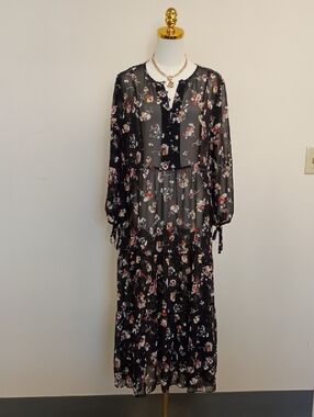 Madewell Sheer Floral Maxi Dress Button Front Tiered Black Size Large